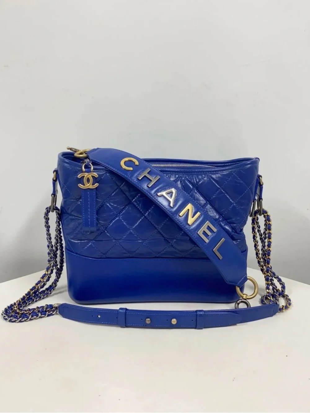 CHANEL Royal Blue Gabrielle Quilted Shoulder Bag with Logo Strap